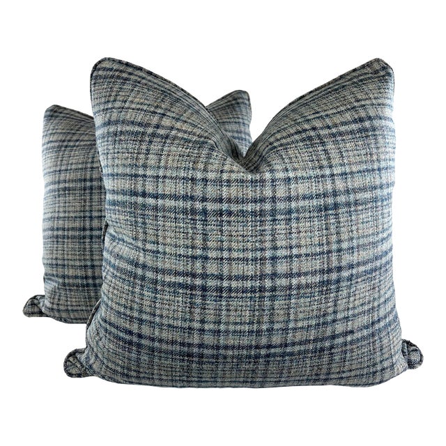 Rogers & Goffigan "Demi Plaid" in Wetland 22" Pillows-A Pair For Sale