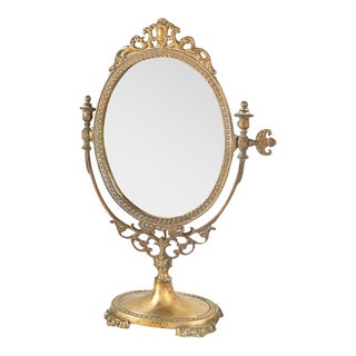 Vintage Art Nouveau Ornate Victorian Style Brass Pedestal Vanity Mirror For Sale