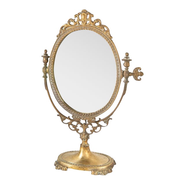 Vintage Art Nouveau Ornate Victorian Style Brass Pedestal Vanity Mirror For Sale