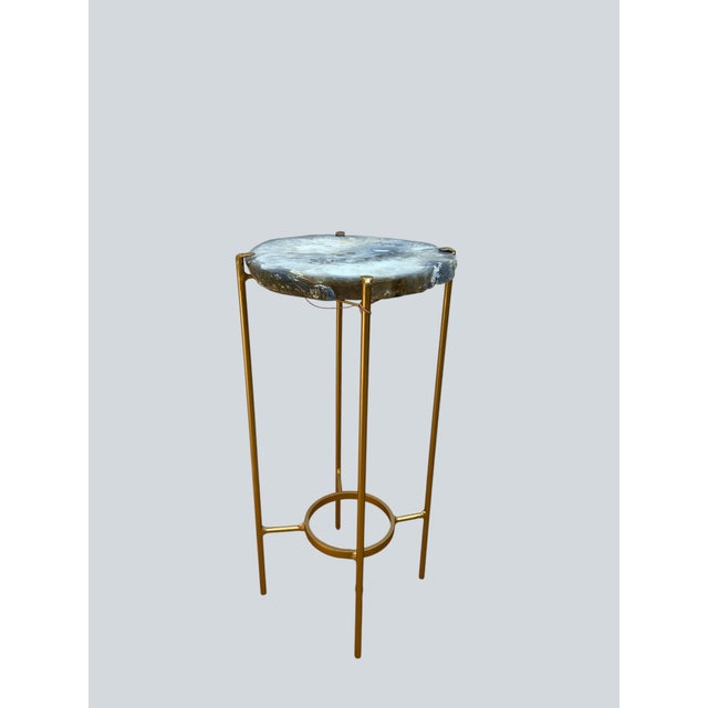 Unusual Modern Handcrafted Drinks Table. Oval agate geode top with gilded steel base. Beautiful Pale Blue with mottled...