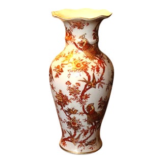 VTG Mid Century Chinese Porcelain Vase, Hand Painted Roosters, 11.75" For Sale