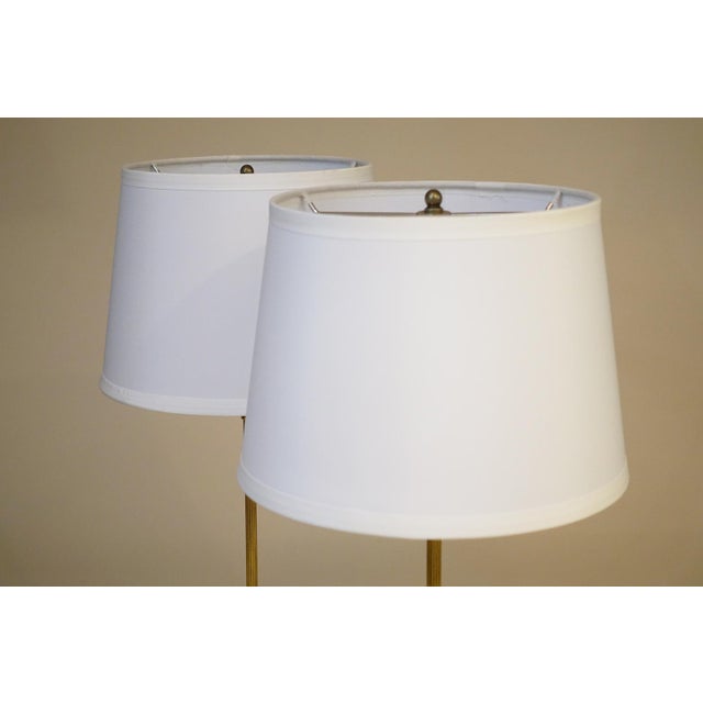 1930s Matched Pair Art Deco French Empire Ornate Brass Travertine Marble Candlestick Table Lamps For Sale - Image 9 of 10