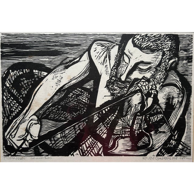 Vintage 1970’s Woodcut Print of Fisherman by R. F. McGovern For Sale - Image 4 of 9