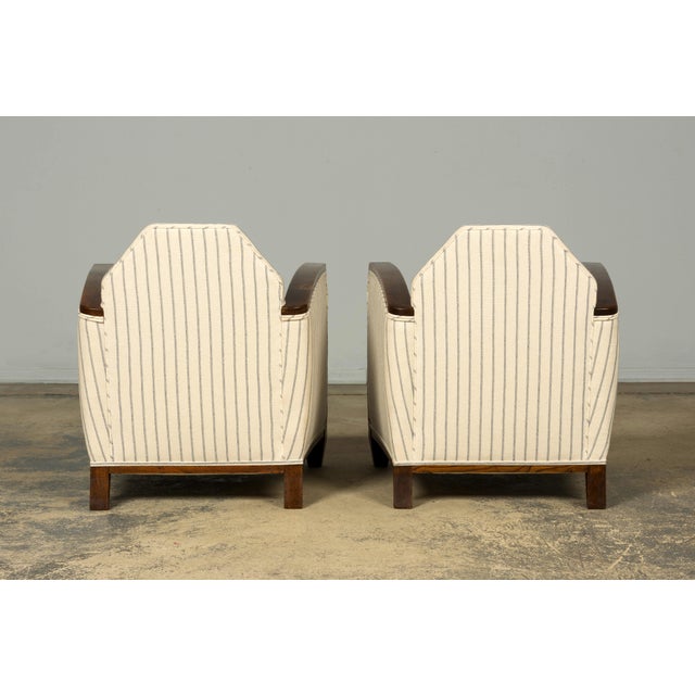 Pair of 1930s French Art Deco Oak Lounge Chairs in Blue Striped Fabric For Sale - Image 17 of 17