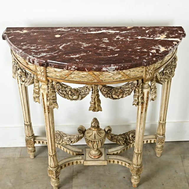 Burgundy French 19th Century Louis XVI Style Carved Demilune Console For Sale - Image 8 of 12