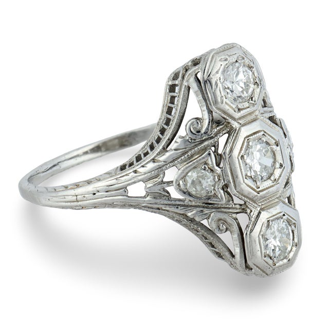1910s Edwardian Old European Cut Three Stone Diamond Navette Ring, Size 7.5 For Sale - Image 4 of 5