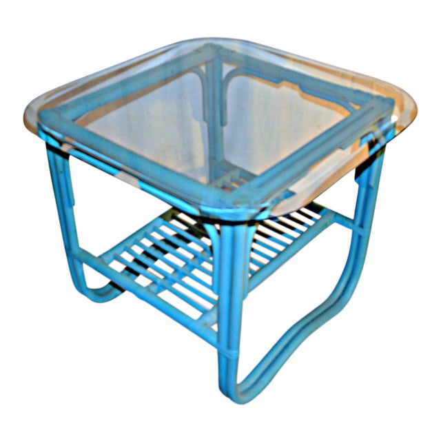 Turquoise Rattan Side Table With Glass Top For Sale