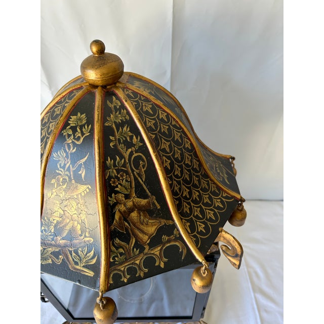 1990s Pair of Chinoiserie Gilt and Painted Metal Wall Lanterns With Figural Decoration, 23” H For Sale - Image 6 of 10