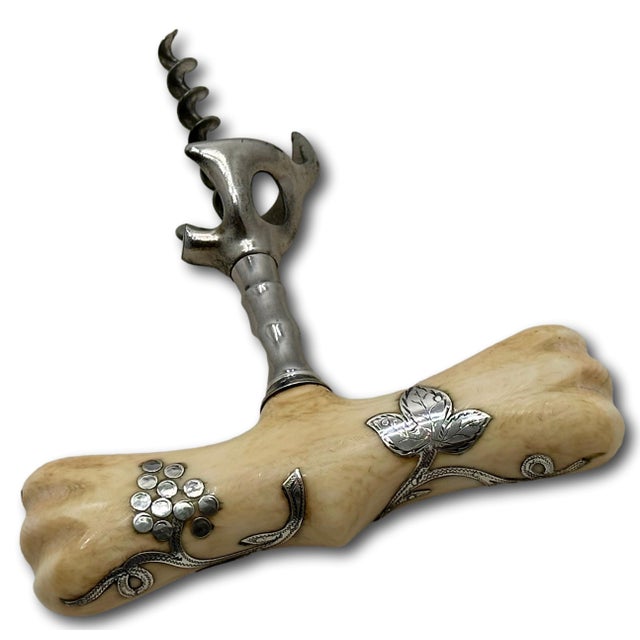 1900 - 1909 Fine & Unusual Antique American Victorian Sterling Silver Inlayon Bone Wine Corkscrew - Circa 1900 For Sale - Image 5 of 18