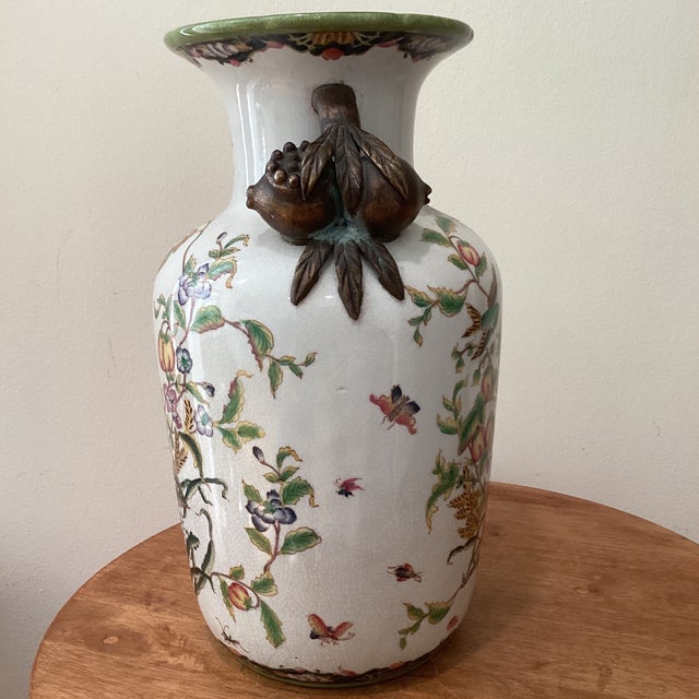 Late 19th Century Chinese Crackle Glazed Ceramic Porcelain Vase “Paradise Garden“ With Pomegranate Handles For Sale - Image 4 of 12