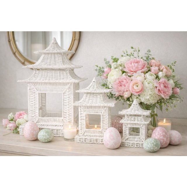Chinoiserie White Scalloped Wicker Pagoda, Small For Sale - Image 3 of 4