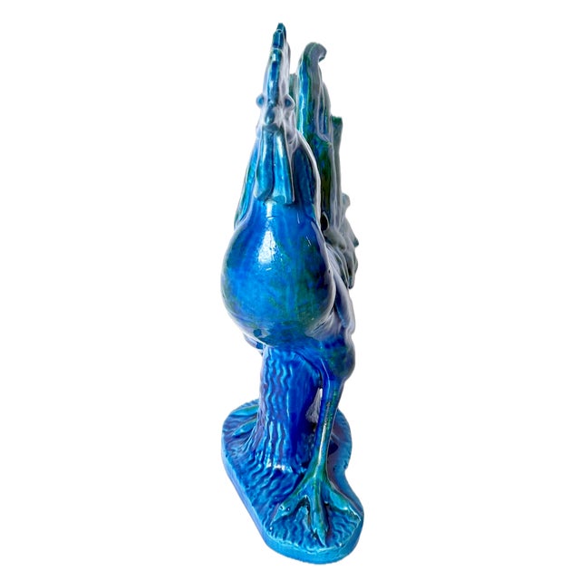 Mid 20th Century Vintage Italian Blue & Green Ceramic Rooster Figurine For Sale - Image 5 of 9