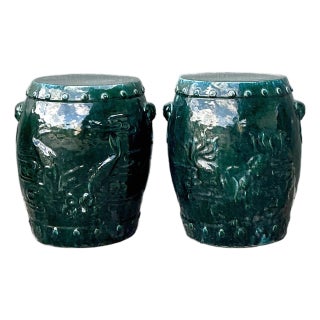 Vintage Boho Glazed Fish Ceramic Garden Stools - A Pair For Sale