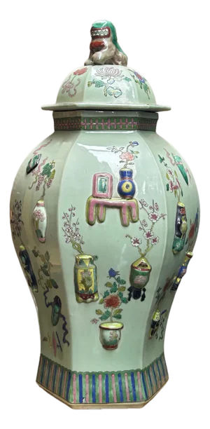 Vintage Chinese Light Celadon Green Relief Motif Hexagonal Porcelain Jar