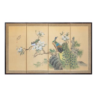 Circa 1970s Chinoiserie Style Painted Silk Screen "Peacock and Magnolia" For Sale