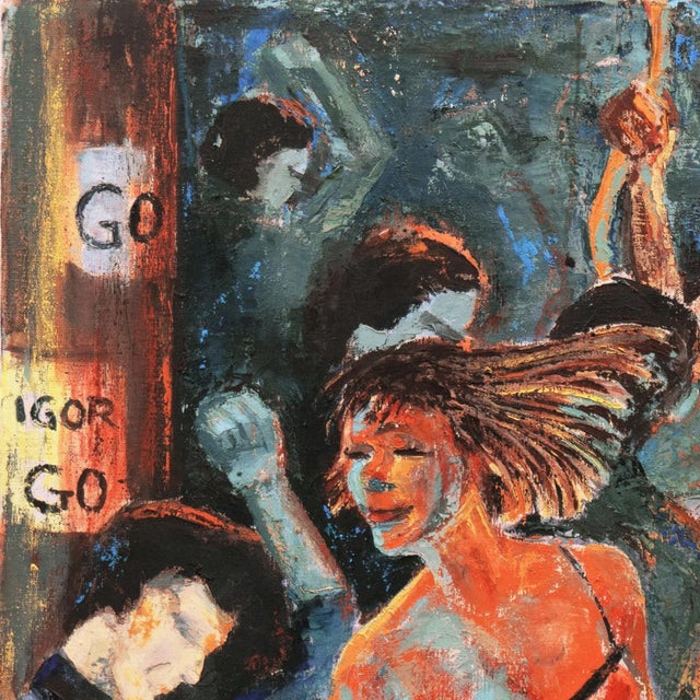 Textile 'Go, Igor, Go!' by Dick Phillips, 1960's Night Club Go-Go Dancers, Large Post-Impressionist Oil For Sale - Image 7 of 9