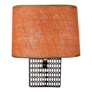 1970s Geometric Pierced Metal Wall Sconce With Original Woven Shade, Mid-Century Modern After Frederic Weinberg, Arthur Umanoff For Sale