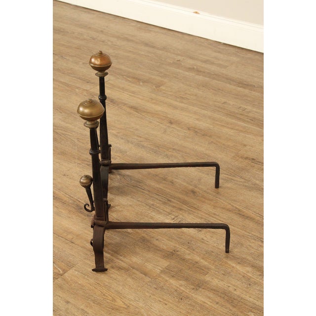 19th Century Antique Pair of Forged Iron and Brass Fireplace Andirons For Sale - Image 5 of 12