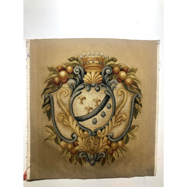 Hand Woven Wool Tapestry Fragment With Embellished Crest Design in Tones of Soft Blue, Sand and Butterscotch For Sale In Dallas - Image 6 of 6