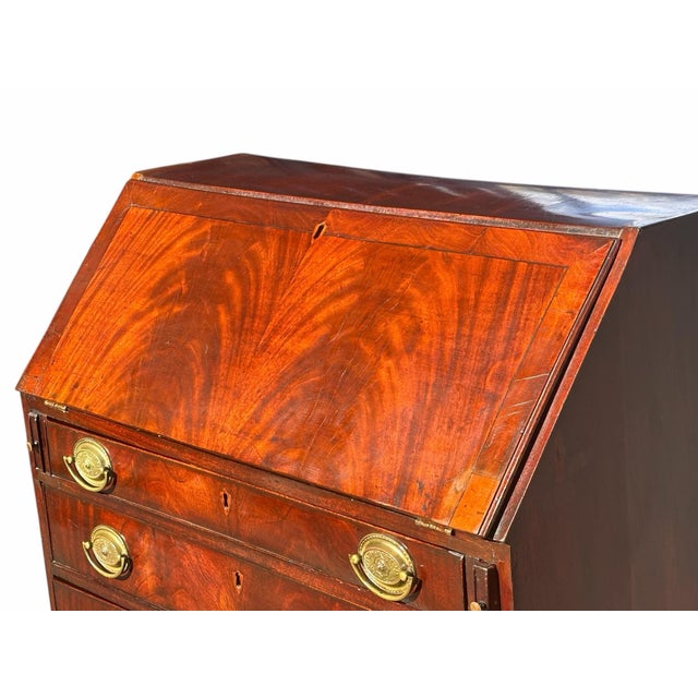 American Antique George III Figured Mahogany Slant Lid Writing Desk With Rare Brass Pulls For Sale - Image 3 of 12