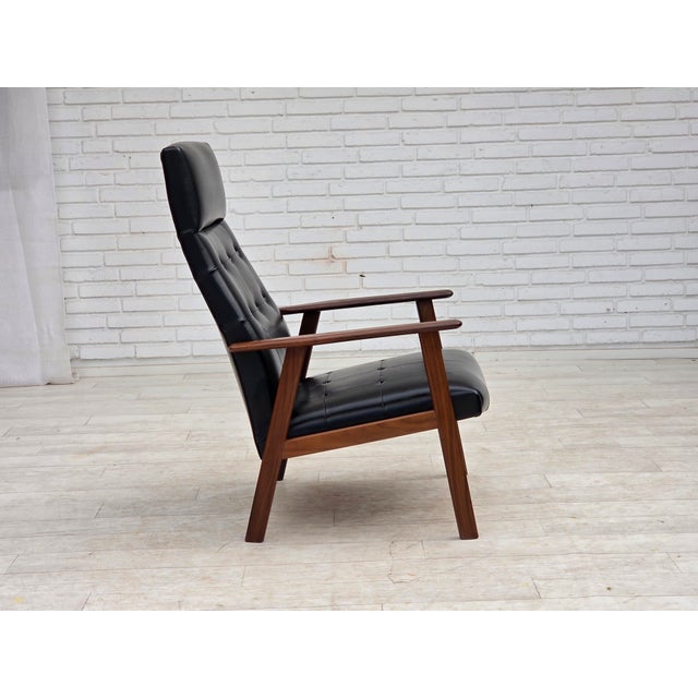 Danish Armchair in Black Artificial Leather and Teak Wood, 1970s For Sale - Image 9 of 18