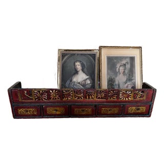 Wooden Vintage Red Shelf With Carved Details and Drawers For Sale