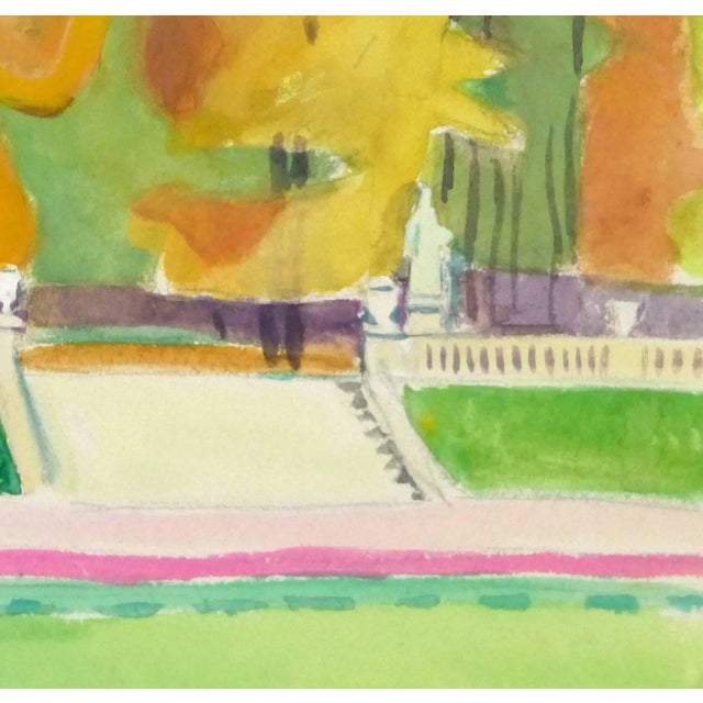 Vintage French watercolor in a playful and colorful take on the famed Luxembourg Gardens of Paris by artist Madeleine...