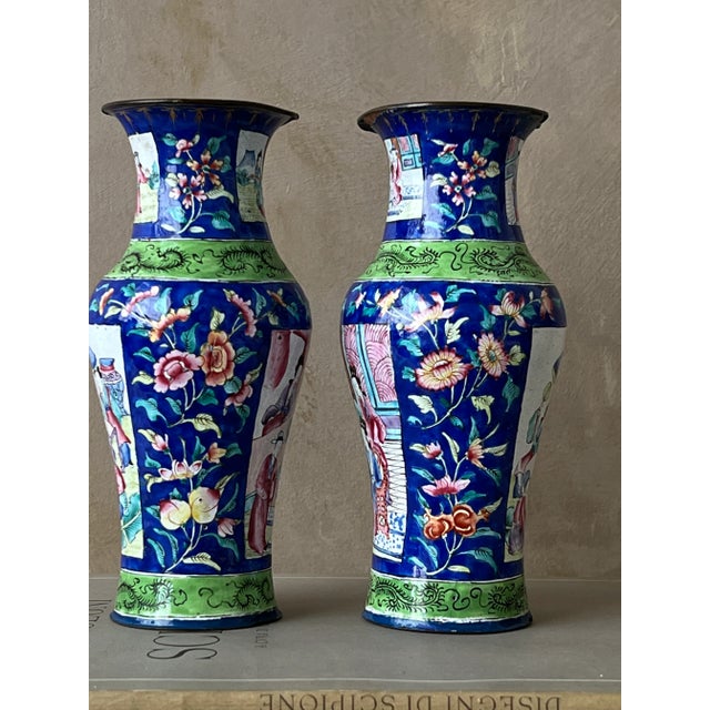 Chinese Pair of 20th Century Chinese Enameled Copper Vases For Sale - Image 3 of 10