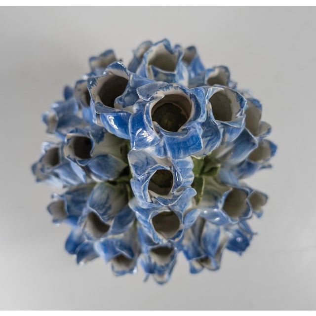 Blue Mid-Century Italian Faience Majolica Floral Tulipiere Decorative Vase, Signed For Sale - Image 8 of 15