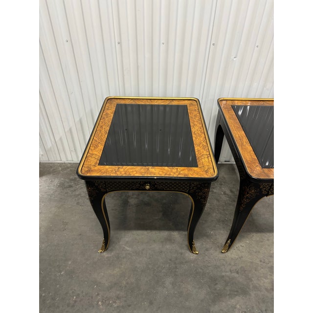 Black Drexel Heritage Et Cetera Chinoiserie Black & Burl End Tables- A Pair For Sale - Image 8 of 12