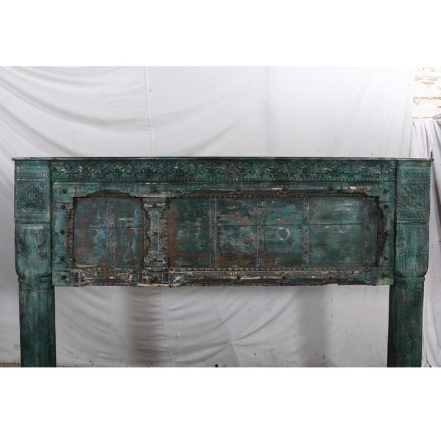 Blue Complete King Size Bed Constructed From an Antique Painted Teakwood Gujarati Door and Pillars For Sale - Image 8 of 10
