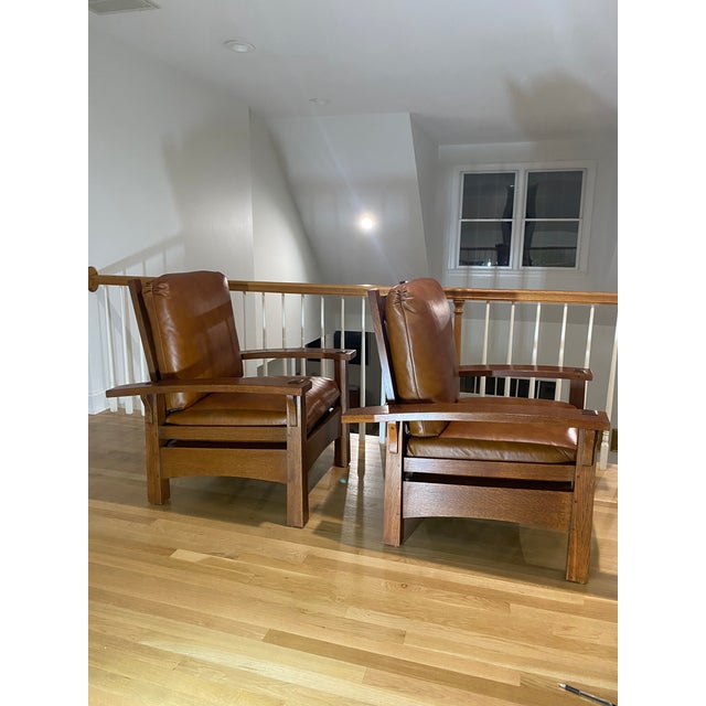 Stickley 2 Gus Bow Arm Morris Chairs and 1 Ottoman - 3 Pieces For Sale In Raleigh - Image 6 of 11