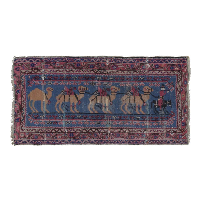 Vintage Anatolian Rug With Sparta Camel Design in Blue and Gold - Rug & Kilim For Sale