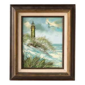Midcentury Framed Light House Oil on Canvas