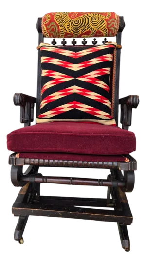 Circa 1860 Hunzinger Attribution Platform Rocker Navaho Blanket Pillow/ Snow Leopard Head Pillow