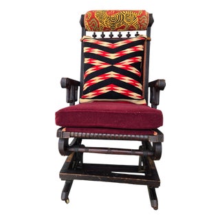 Circa 1860 Victorian Platform Rocker Navaho Blanket Pillow/ Snow Leopard Head Pillow For Sale