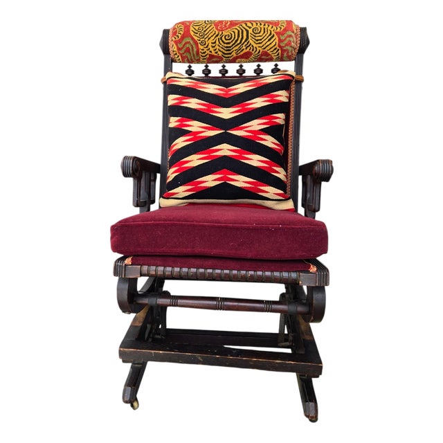 Circa 1860 Victorian Platform Rocker Navaho Blanket Pillow/ Snow Leopard Head Pillow For Sale