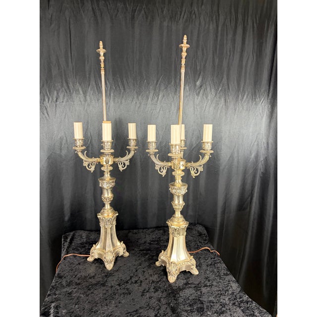 French French 19th‑Century Louis XVI Style Four‑Arm Silver Candelabra Lamps — A Pair For Sale - Image 3 of 12