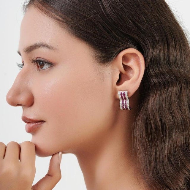 Contemporary Geometric Ruby & Diamond Hoop Earrings in 925 Sterling Silver, A Pair For Sale - Image 9 of 14