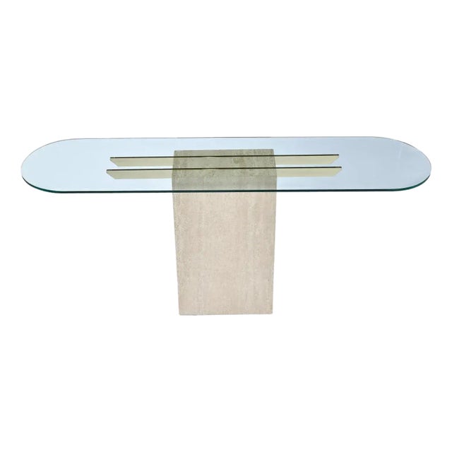 Maitland-Smith Style Brass and Glass Travertine Stone Pedestal Console Table For Sale