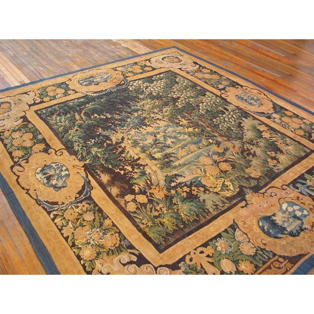 French 1750ss Green Antique French Verdure Tapestry Rug 9'8" X 10'4" Flatweave Wool Carpet For Sale - Image 3 of 9