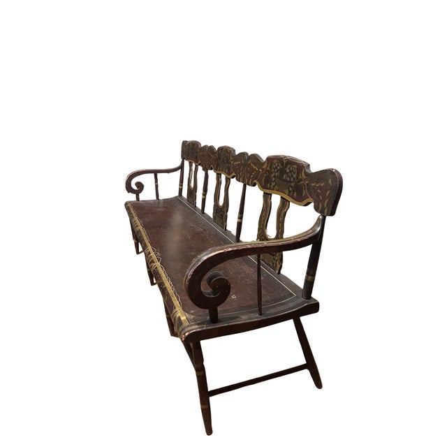 This beautiful c. 1830 Sheraton Style decorated plank seat bench would be perfect in any home. It features rolled arms,...