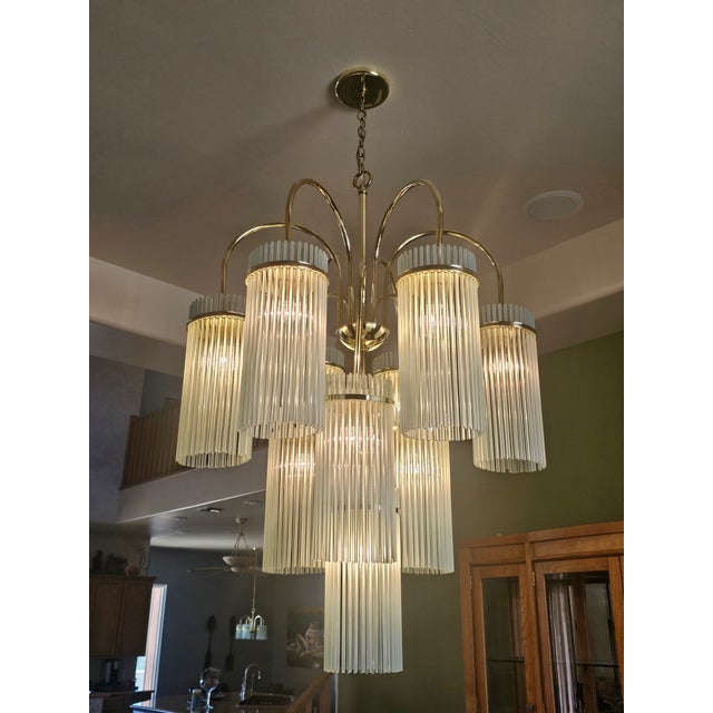 Metal 1970s Gaetano Sciolari 9-Light Brass & Glass Chandelier | Italian Modern Hollywood Regency For Sale - Image 7 of 7