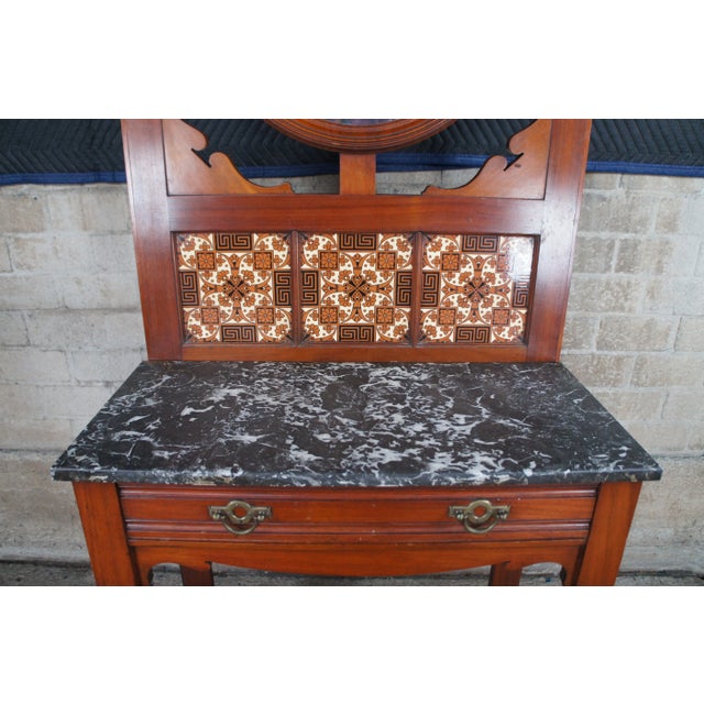 Late 19th Century Antique Arts & Crafts Mahogany Hall Tree Stand Entry Console With Marble & Mirror For Sale - Image 4 of 12
