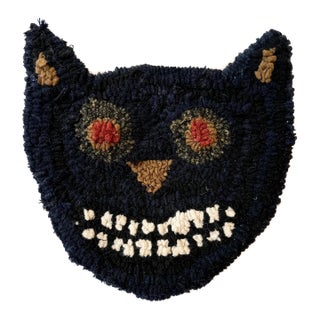 Folk Art Hook Rug Black Cat - Halloween For Sale