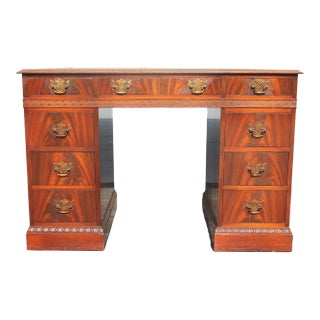 1940s Traditional Carved Wood 9 Drawer Writing Desk For Sale