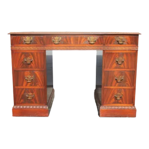 1940s Traditional Carved Wood 9 Drawer Writing Desk