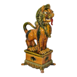 Vintage Mid 20th Century Ricci Italian Majolica Chinese Guardian Lion Statue Large Ceramic Foo Dog Sculpture Signed