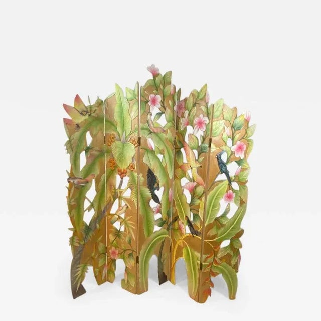 Colorful Tropical Birds Amongst Exotic Foilage Painted & Carved Wood Room Screen For Sale - Image 10 of 10