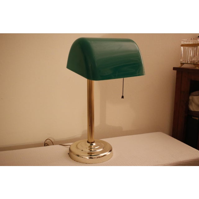Brass Vintage Ministerial Art Deco Style Brass Banker's Desk Lamp With Emerald Green Shade For Sale - Image 8 of 12